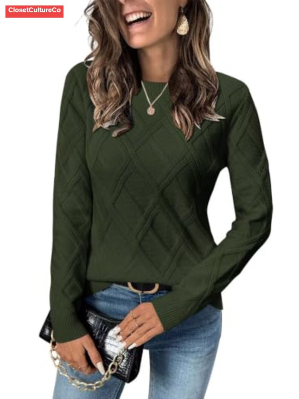 Cable Knit Crew Neck Long Sleeve Pullover Sweater Soft Knit Layer